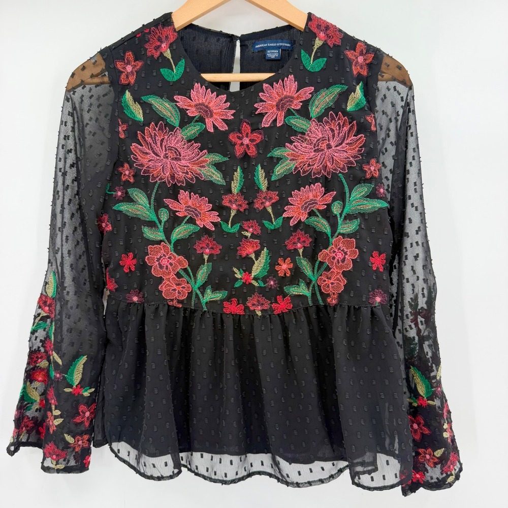 American Eagle Floral Embroidered Peplum Blouse XS Whimsigoth Romantic Goth Fall